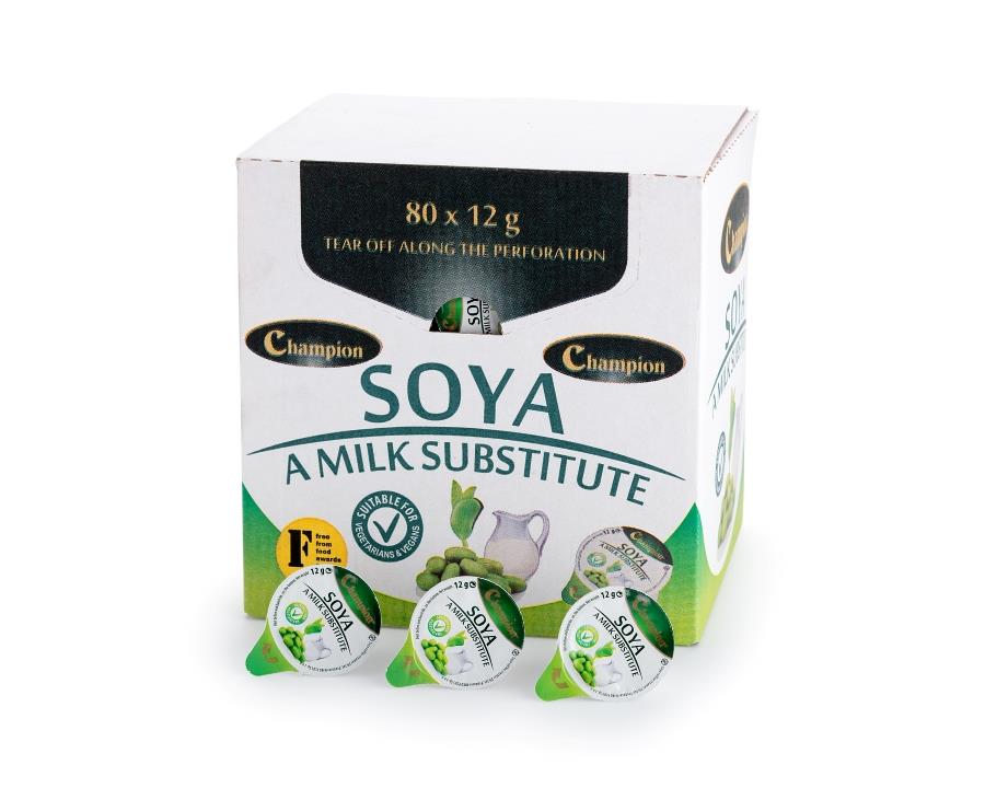 champion soya milk - dairy free, individual portions, easy to use, clean, ambient storage 