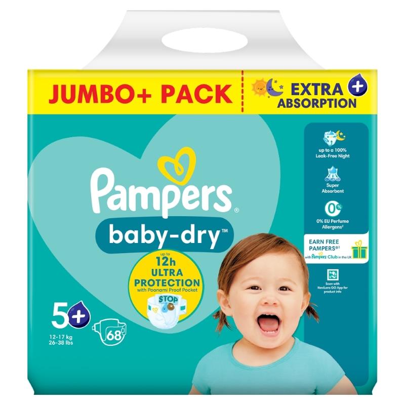 Pampers Baby-Dry Size 5+, 68 Nappies